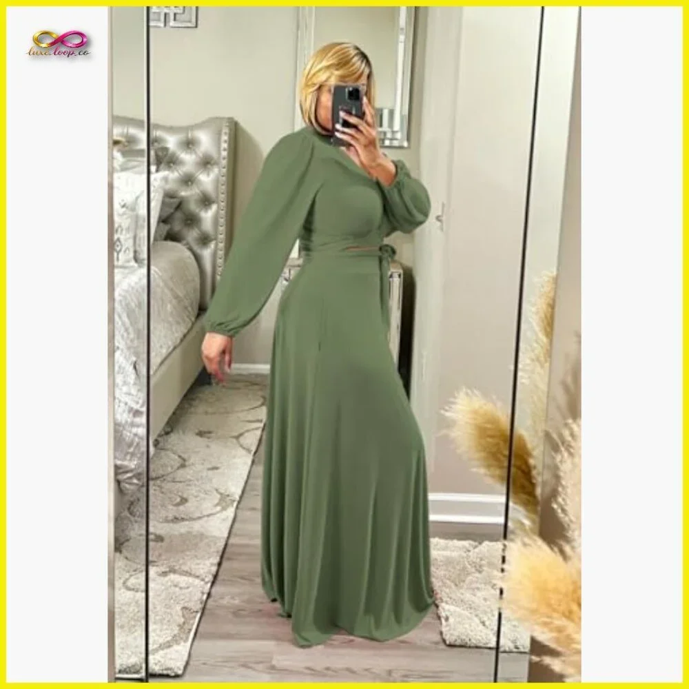 Wrap Crop Top Maxi Skirt Set Elegant Chic Matching Outfit Long Sleeve